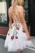 White Deep V Neck Lace Homecoming Dress with Appliques, Cute Short Prom Dresses UQ2164