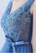 Cute Blue V Neck Sleeveless Tulle Homecoming Dress with Lace Appliques Belt UQ1939