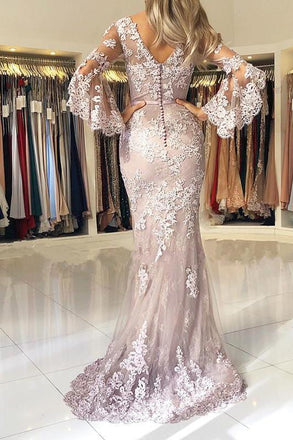 Charming V Neck Long Prom Dress, Mermaid Lace Appliqued Evening Dress with Sleeves UQ2025