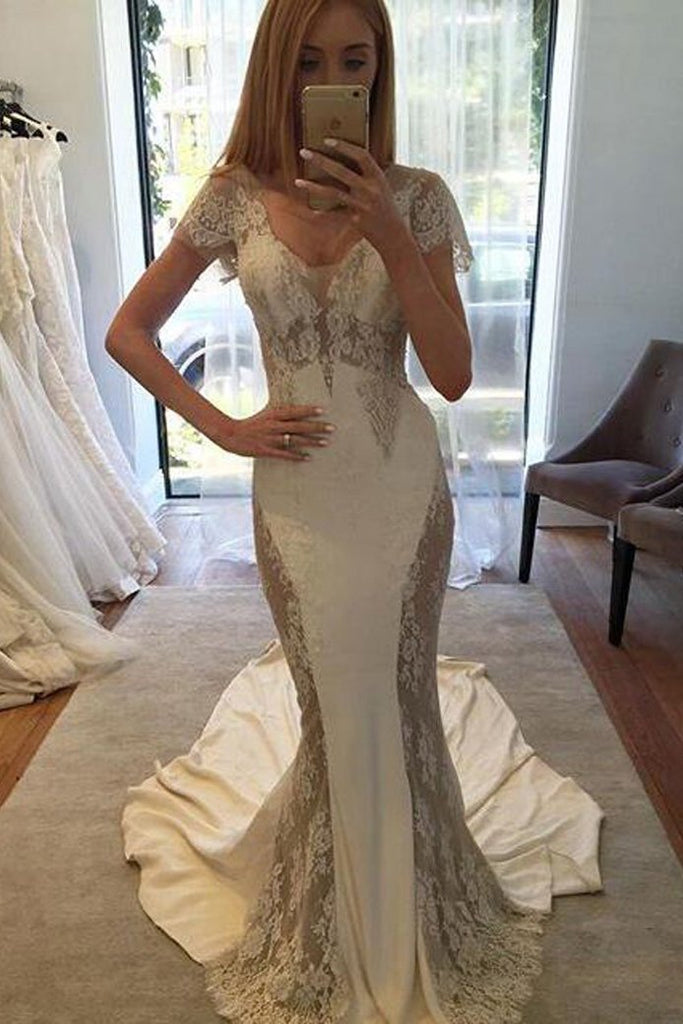 Mermaid Beach Wedding Dress with Short Sleeves, Long Bridal Dress with Lace N1763