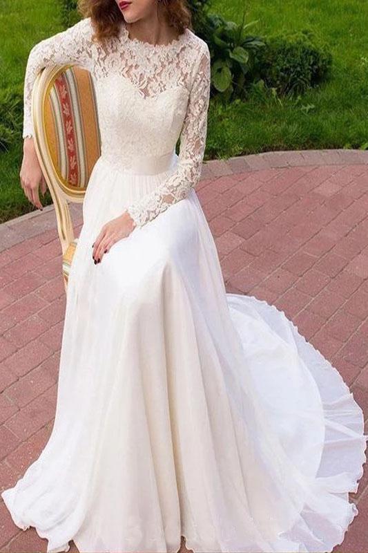 Vintage Long Sleeves Chiffon Wedding Dress with Lace, Flowy Beach Wedd cherishgirls Vintage Long Sleeves Chiffon Wedding Dress with Lace, Flowy Beach Wedd cherishgirls