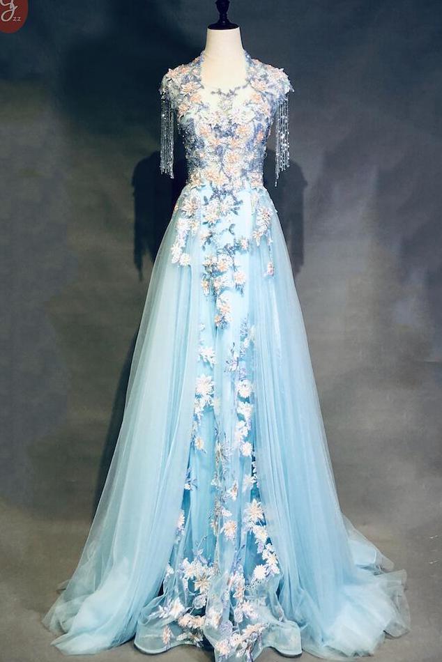 Unique Light Blue Cap Sleeves Prom Dress with Beading, Gorgeous Appliq – cherishgirls Unique Light Blue Cap Sleeves Prom Dress with Beading, Gorgeous Appliq – cherishgirls
