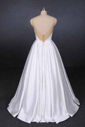 Simple Straps White Satin Wedding Dresses, Floor Length Satin Backless Bridal Dresses UQ2356