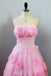 Strapless A Line Prom Dress with Flowers, Unique Pink Sweep Train Party Dresses UQ2615