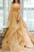 Spaghetti Straps V Neck Sparky Long Prom Dress, Backless Pleated Tulle Party Dresses UQ2587