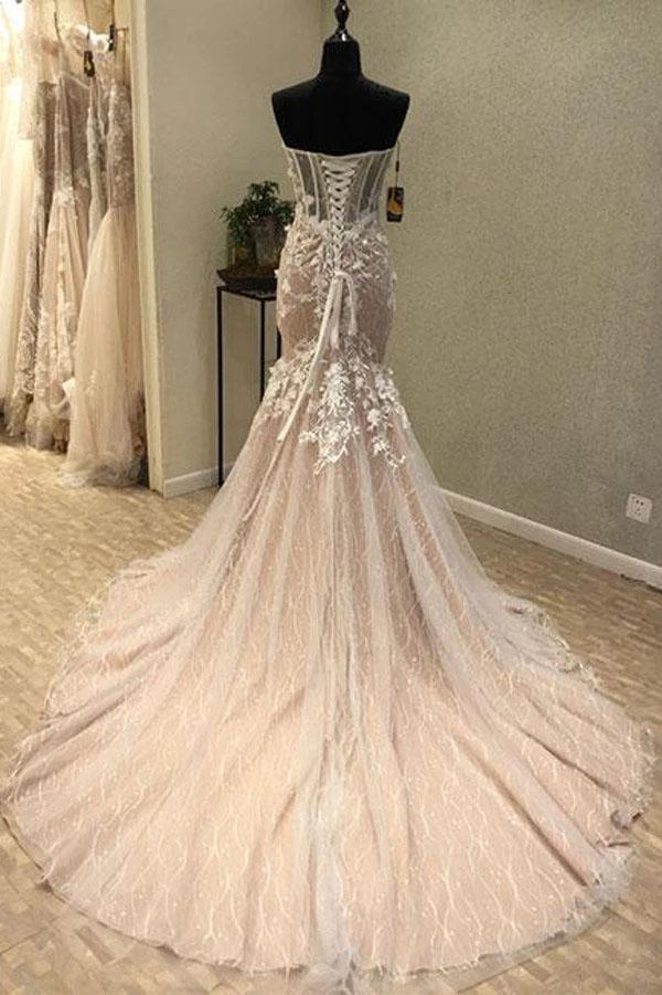 Gorgeous Sweetheart Mermaid Lace Appliqued Wedding Dresses, Strapless Bridal Dress UQ2532