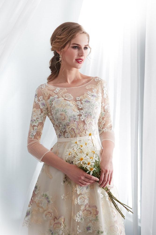 A Line Floor Length Floral Prom Dresses 3/4 Sleeves A-line Empire Wais cherishgirls A Line Floor Length Floral Prom Dresses 3/4 Sleeves A-line Empire Wais cherishgirls