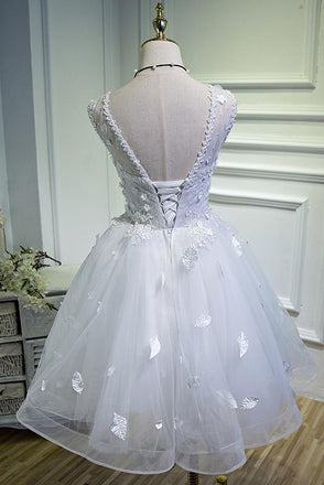 Puffy White Straps Tulle Homecoming Dresses with Lace Appliques, A Line Short Dress UQ1978