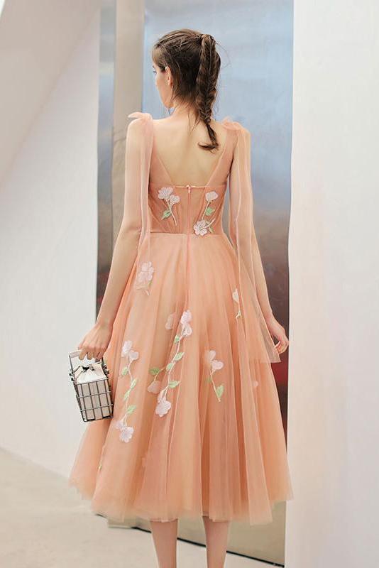 Tea Length Unique Graduation Dress with Appliques, A Line Tulle Homeco cherishgirls Tea Length Unique Graduation Dress with Appliques, A Line Tulle Homeco cherishgirls