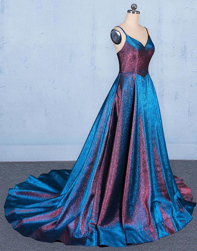 Blue A Line V Neck Sleeveless Prom Dress, Spaghetti Straps Long Evening Dresses UQ2328
