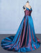 Blue A Line V Neck Sleeveless Prom Dress, Spaghetti Straps Long Evening Dresses UQ2328