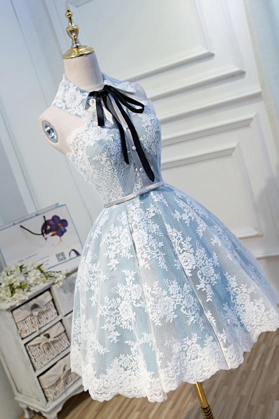 Light Sky Blue Halter Homecoming Dress with Lace Appliques, Cute Short cherishgirls Light Sky Blue Halter Homecoming Dress with Lace Appliques, Cute Short cherishgirls