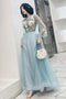 Elegant Long Sleeves Appliqued Tulle Prom Dress, Floor Length Appliques Evening Dress UQ2324