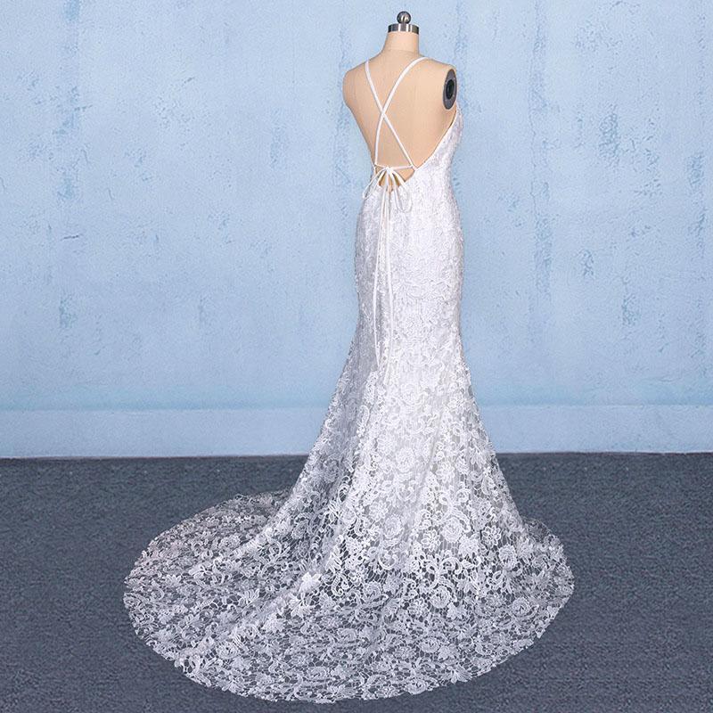 Elegant V Neck Lace Wedding Dresses, Mermaid Backless Lace Bridal Dress UQ2348