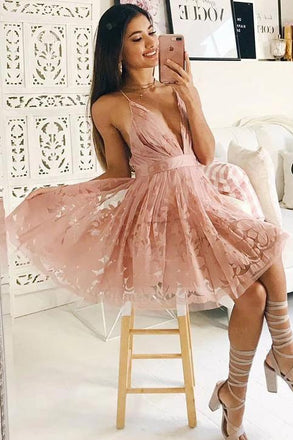 A Line V Neck Lace Junior Popular Cheap Short Homecoming Dress, Short Party Dress UQ2157