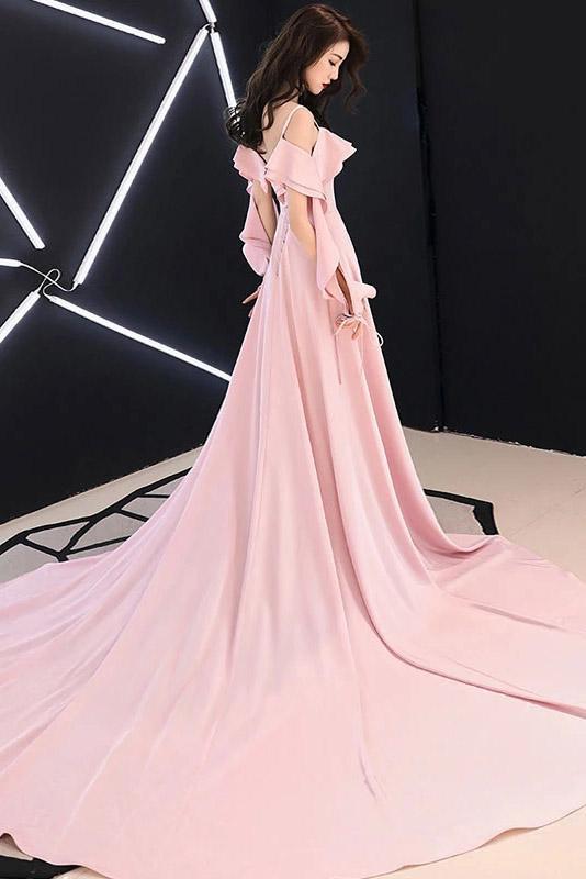 Spaghetti Straps Simple Pink Chiffon Long Prom Dress A Line Evening Dress with Ruffle UQ2094