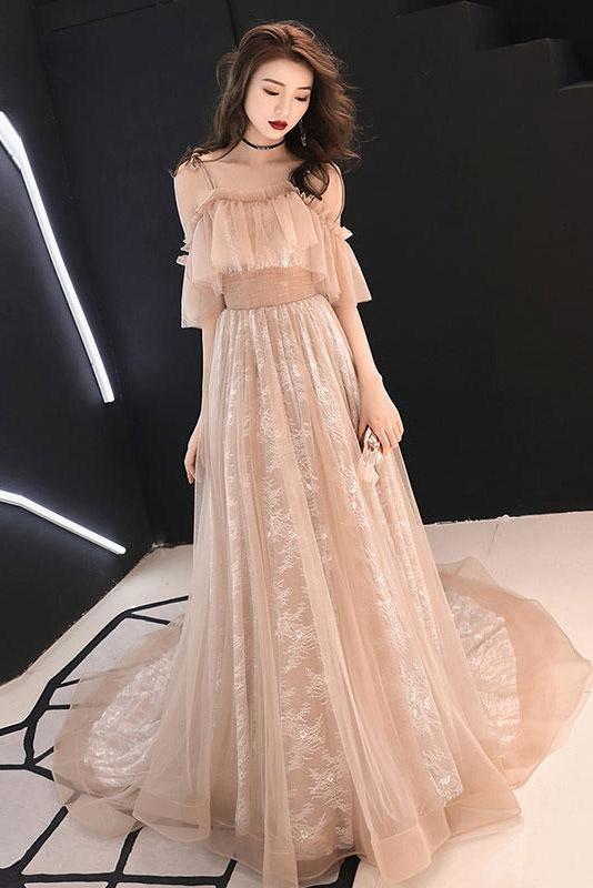 Champagne Charming Straps Flowy Tulle Lace Prom Dress with Train, A Line Evening Dress with Ruffles N2104 cherishgirls Champagne Charming Straps Flowy Tulle Lace Prom Dress with Train, A Line Evening Dress with Ruffles N2104 cherishgirls