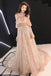 champagne Charming Straps Flowy Tulle Lace Prom Dress with Train, A Line Evening Dress with Ruffles N2104
