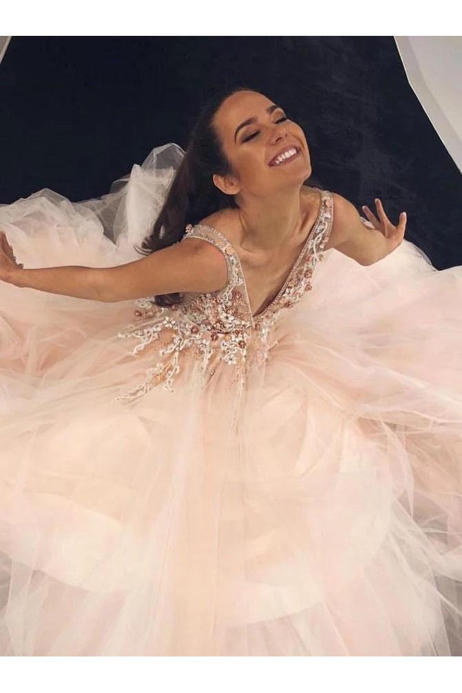 Light Pink V Neck Sleeveless Tulle Prom Dress with Flowers and Beads UQ2388