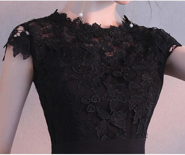Black Cap Sleeves Satin Short Homecoming Dress with Lace, Cute Mini Cocktail Dresses UQ1961