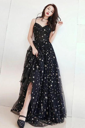 Black Spaghetti Straps Tulle Prom Dress with Stars, Floor Length Long Evening Dress N2580