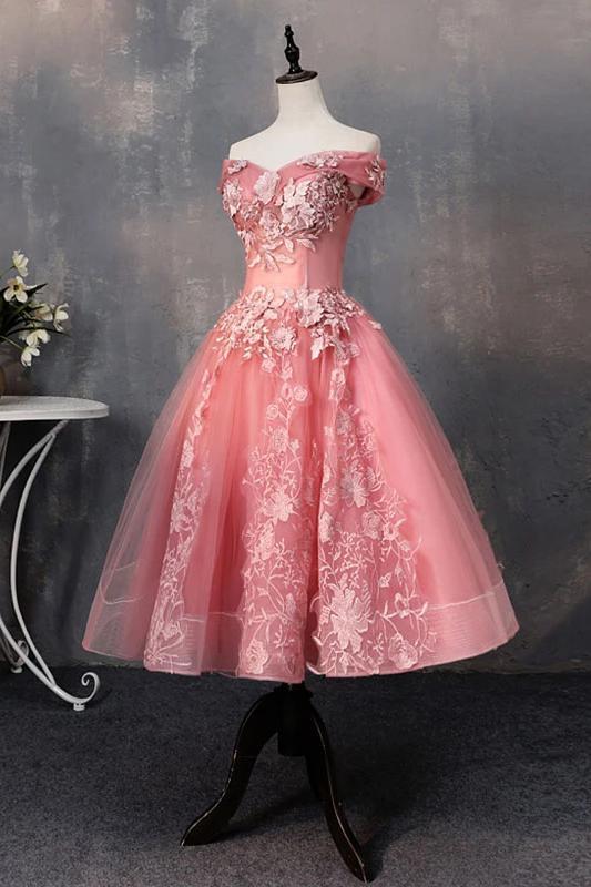 Knee Length Tulle Graduation Dress with Appliques, Off the Shoulder Dr cherishgirls Knee Length Tulle Graduation Dress with Appliques, Off the Shoulder Dr cherishgirls