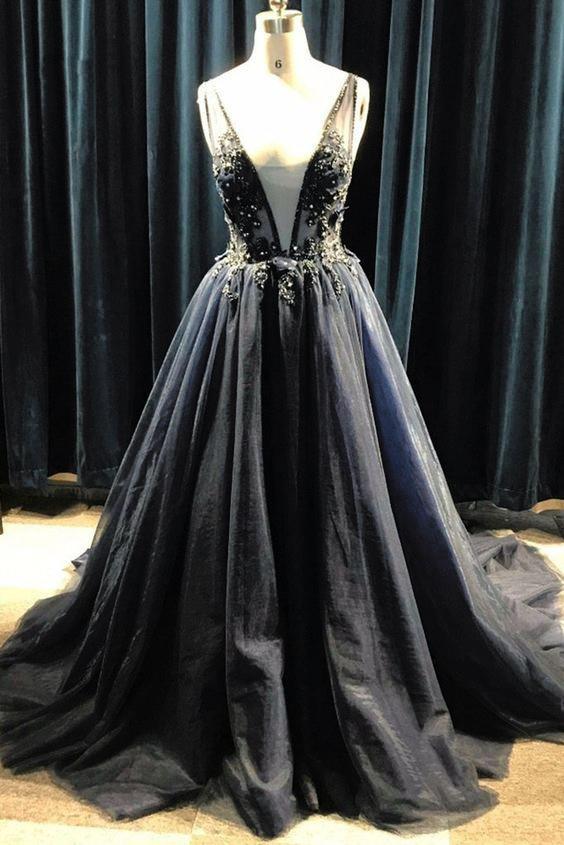 Black Tulle Deep V Neck Long Beaded Prom Dress with Appliques, Puffy Formal Dress UQ1740