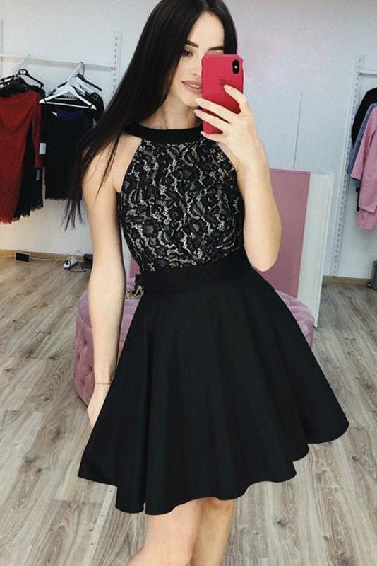 Black Lace Satin Simple Cheap Homecoming Dresses, Fashion Sleeveless Short Prom Dress N1819