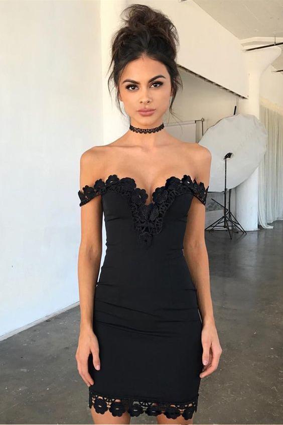 Black Off the Shoulder Sheath Short Formal Dresses, Sexy Homecoming Dress with Lace N1898