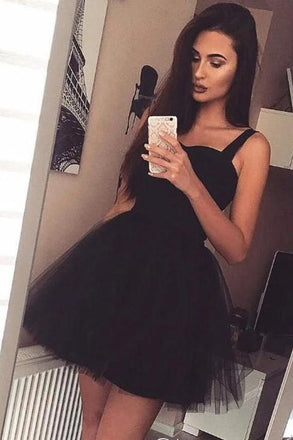 Black Straps Tulle Sweet 16 Dresses, A Line Cute Sleeveless Mini Homecoming Dress N1959