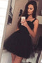 Black Straps Tulle Sweet 16 Dresses, A Line Cute Sleeveless Mini Homecoming Dress UQ1959