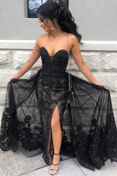 Black Sweetheart Tulle Prom Dress with Lace Appliques, Long Strapless cherishgirls Black Sweetheart Tulle Prom Dress with Lace Appliques, Long Strapless cherishgirls
