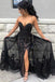 Black Sweetheart Tulle Prom Dress with Lace Appliques, Long Strapless Split Formal Dress N1895