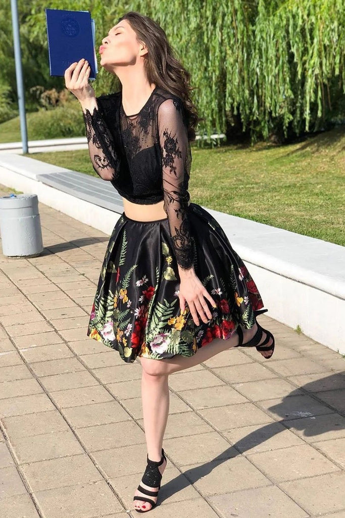 Two Piece Long Sleeve Flower Homecoming Dress with Lace, Short Graduat cherishgirls Two Piece Long Sleeve Flower Homecoming Dress with Lace, Short Graduat cherishgirls