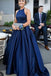 Blue Halter Satin Sleeveless Prom Dress, A Line Simple Long Formal Dresses N2449