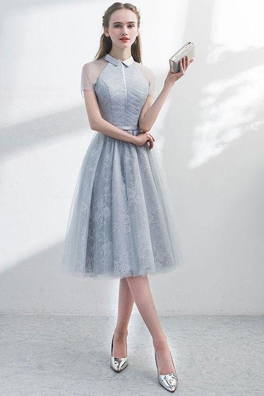 A Line Short Sleeves Tulle Homecoming Dress with Lace, Cute Short Prom –  cherishgirls