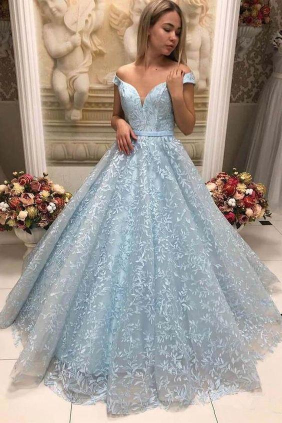 New Arrival Light Blue Lace Puffy Off Shoulder Prom Dresses Formal Evening Dress N2110