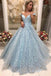 New Arrival Light Blue Lace Puffy Off Shoulder Prom Dresses Formal Evening Dress UQ2110