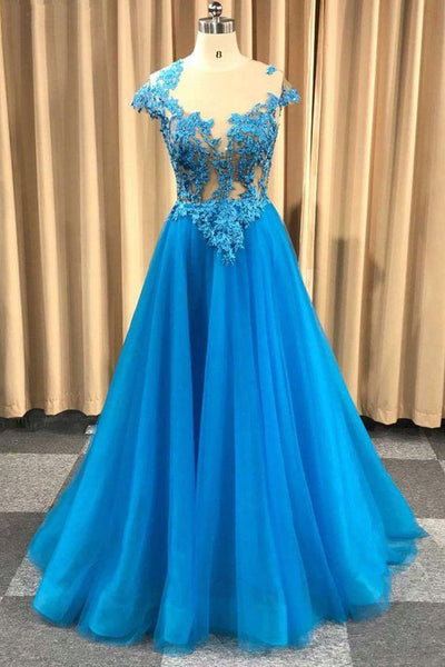 aqua blue prom dresses Blue Sheer Neck Appliqued Tulle Prom Gowns, A Line Cap Sleeves Long Gr –  cherishgirls