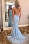 Blue Mermaid Spaghetti Strap Prom Dress with Lace Appliques chp0002