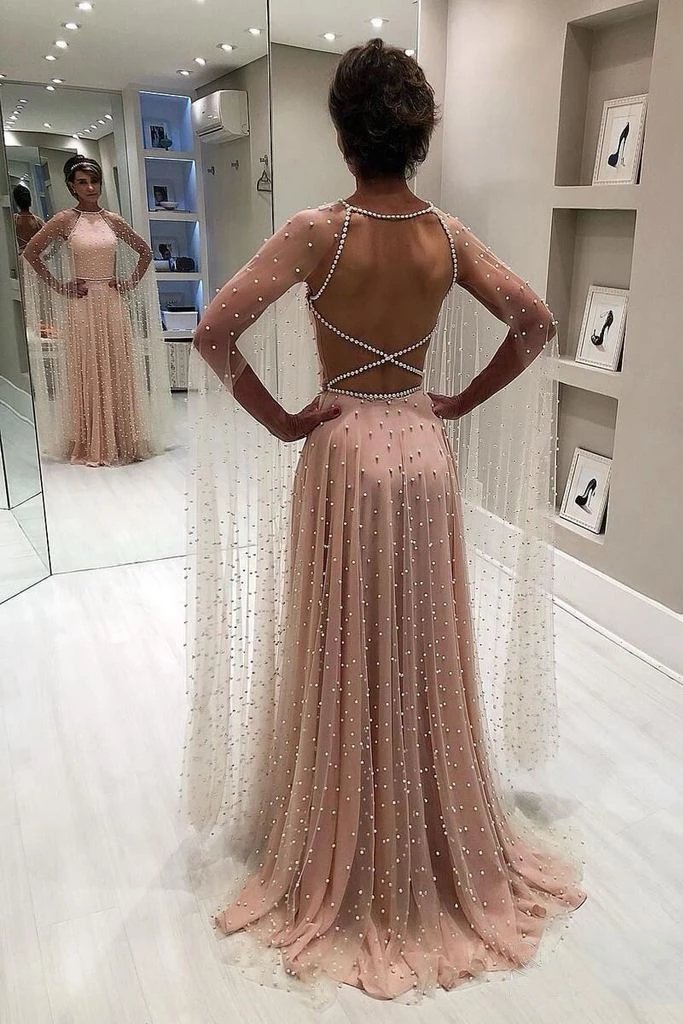 Unique A Line Backless Long Prom Dresses with Pearls, Gorgeous Long Ev cherishgirls Unique A Line Backless Long Prom Dresses with Pearls, Gorgeous Long Ev cherishgirls