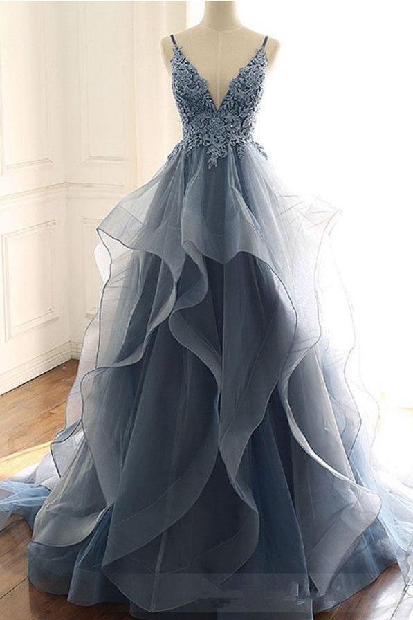 Dark Gray Tulle Prom Dress with Lace Appliques, Spaghetti Straps Sweep Train Party Dress N2606