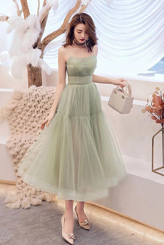 Simple Green Tulle Spaghetti Strap Sleeveless Pleated Prom Dresses, A Line Party Dress N2093