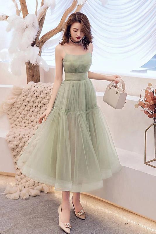 Simple Green Tulle Spaghetti Strap Sleeveless Pleated Prom Dresses, A cherishgirls Simple Green Tulle Spaghetti Strap Sleeveless Pleated Prom Dresses, A cherishgirls