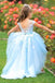 Light Sky Blue Cap Sleeves Flower Girl Dress with Lace Appliques, High Low Flower Girl Dress UF059