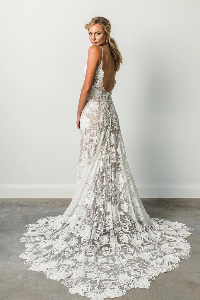 Spaghetti Straps Backless Lace Wedding Dresses, Lace Boho Wedding Dres cherishgirls Spaghetti Straps Backless Lace Wedding Dresses, Lace Boho Wedding Dres cherishgirls