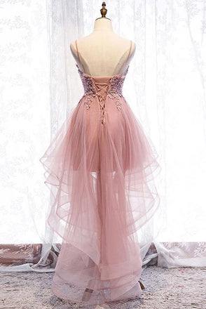 High Low Spaghetti Straps Tulle Homecoming Dresses with Appliques, Party Dress UQ2142