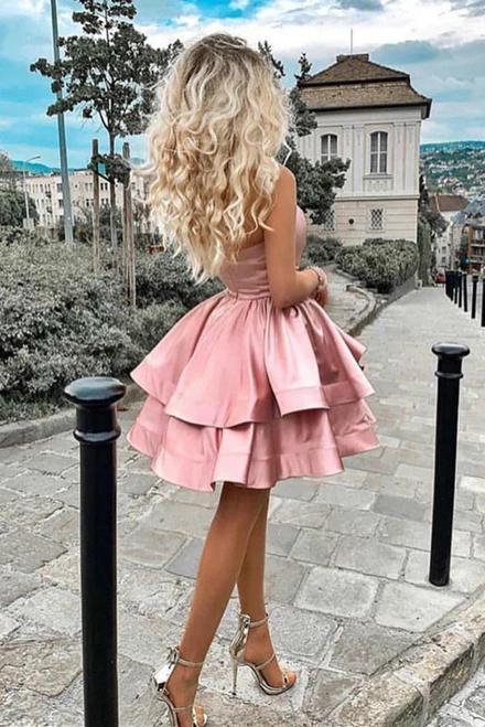 Pink Satin Strapless Two Layers Short Homecoming Dress, A Line Simple Prom Gown UQ2152