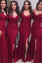 Burgundy Off Shoulder Mermaid Floor Length Bridesmaid Dresses, Split Long Bridesmaid Dress UQ2383