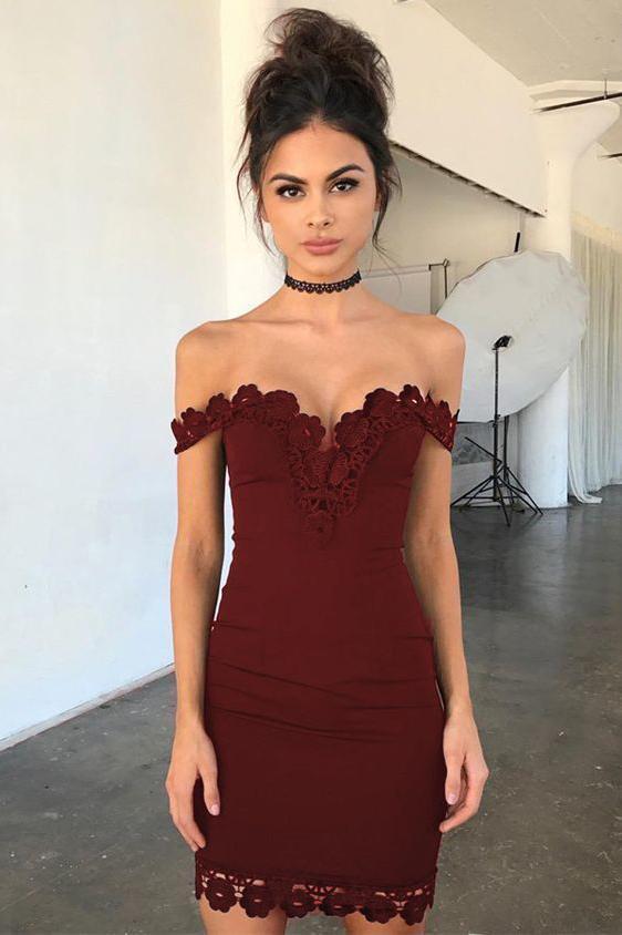 Dark Red Off the Shoulder Sheath Short Formal Dresses, Sexy Homecoming Dress with Lace N1897